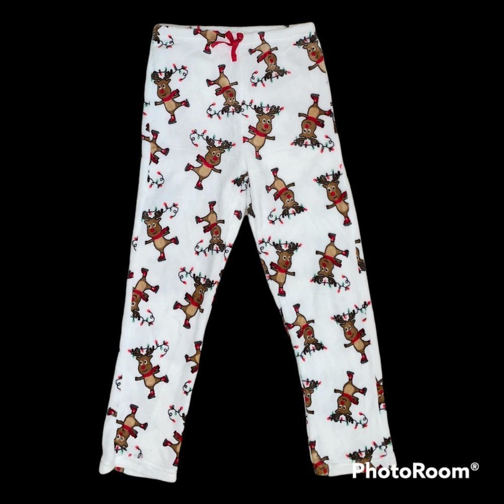 Ladies Large White Fleece Pants w/Rudolph Stringing Lights